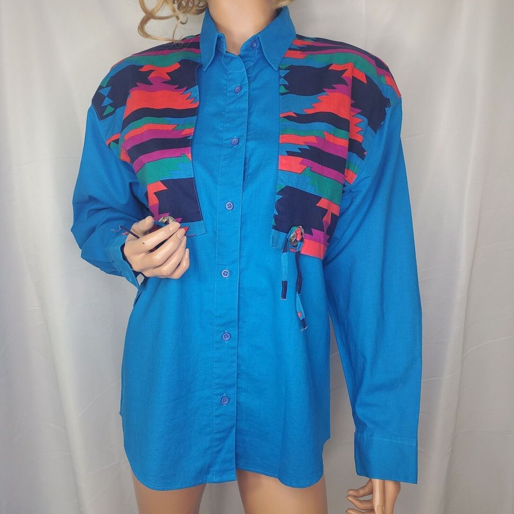 Wrangler Shirt Y2k Blue Southwestern Button Up Shirt Geometric Western Yoke Med